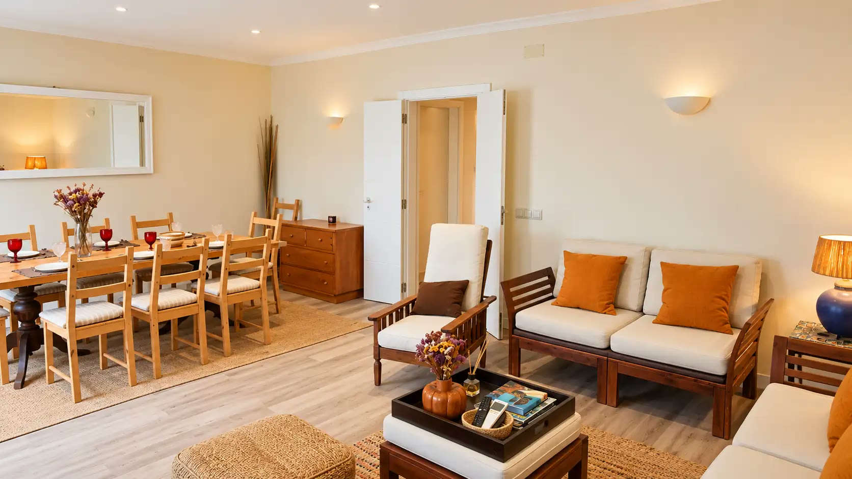 A bright, welcoming living and dining room in one of our homes